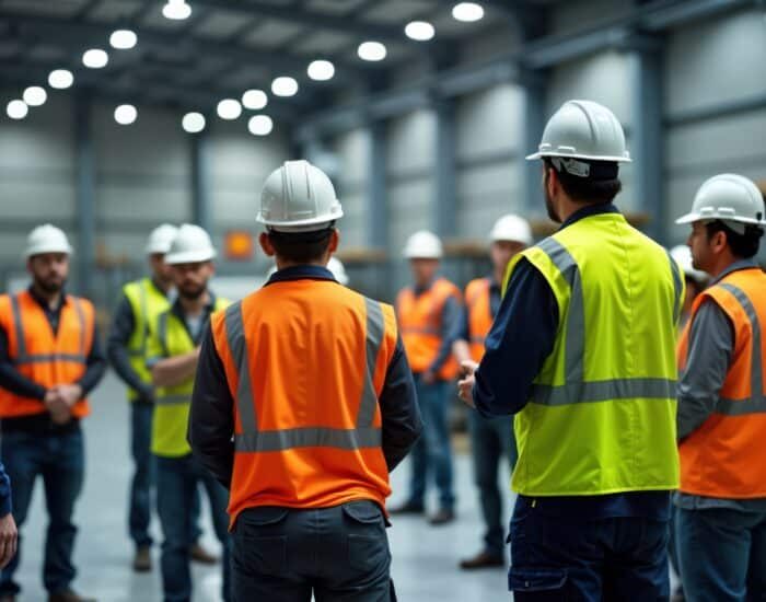Industrial workers gather in large warehouse for safety training. Workers wear safety vests, hard hats. Instructor guides training. Group listens attentively. Pro training session on safety