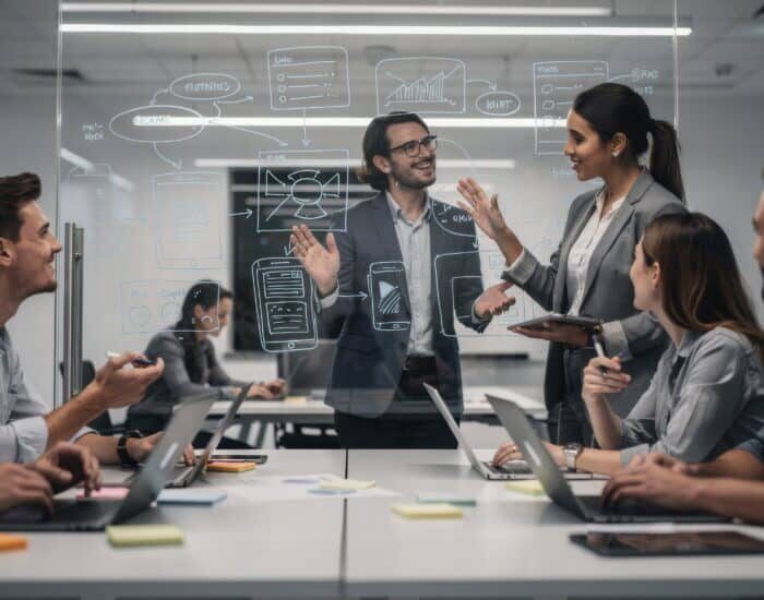 Business team discussing project ideas in modern office setting